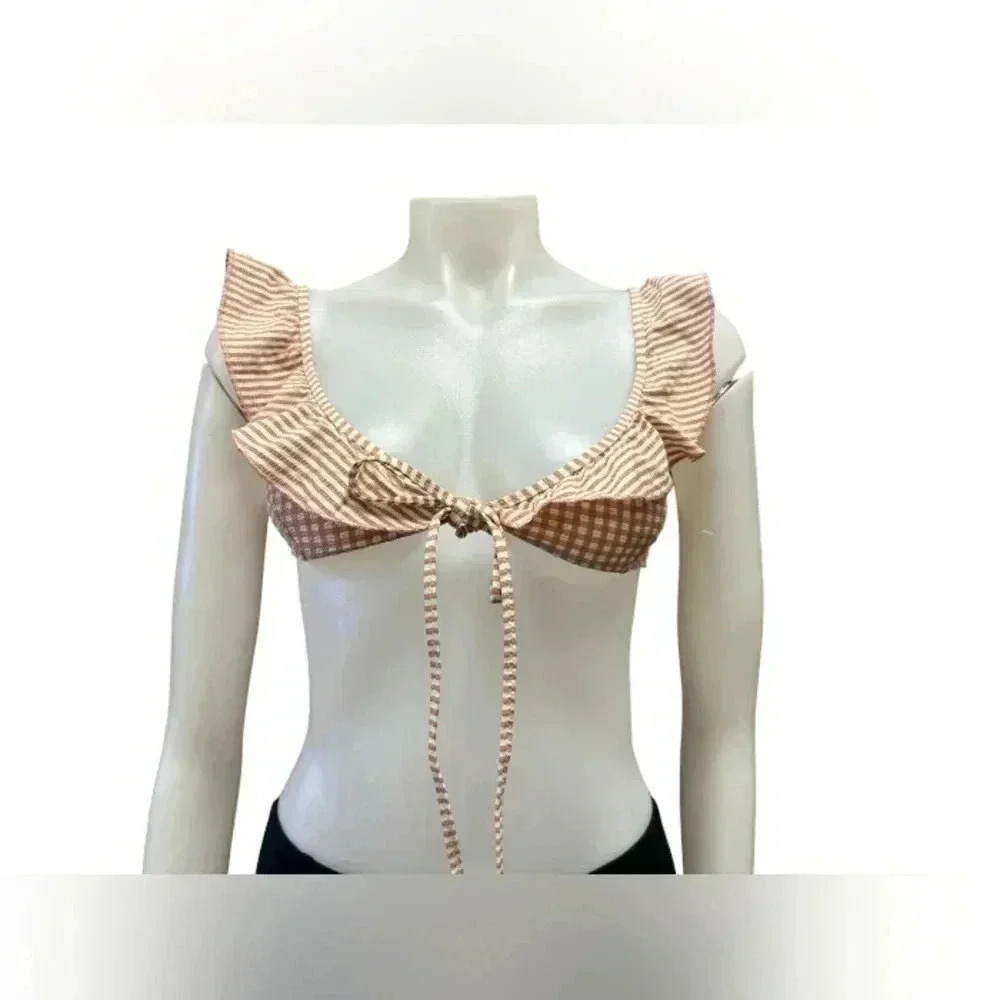 Aerie EUC Binki Top Swimwear Checkered Tan/White Ruffles Frilly Size XXS.